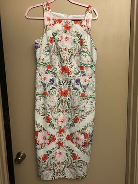 Maggy London White Floral Midi Sheath Dress with Red and Purple Accents